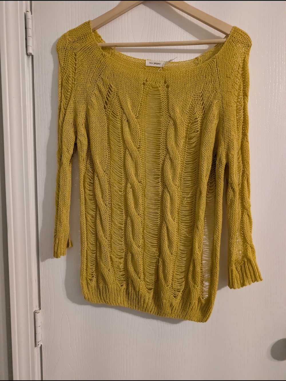 Blu Pepper Mustard Open-Knit Off-the-Shoulder Sweater